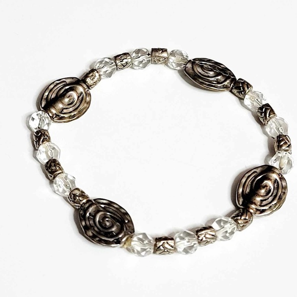 Vintage Handcrafted Heavy Silver Metal & Clear Crystal Beaded Bracelet 7" - Picture 5 of 6